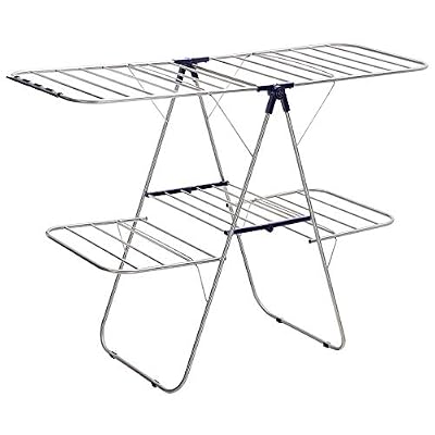 SONGMICS LLR53BU Séchoir à Linge en Acier Inoxydable avec Ailes Réglable en Hauteur Ailettes à 2 Niveaux pour Chaussettes, Parure de Lit Vêtement Pliable Solide Bleu