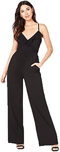 Wtrend Women's Spaghetti Strap Chiffon Wide Leg Jumpsuit Rompers Overalls Black 14