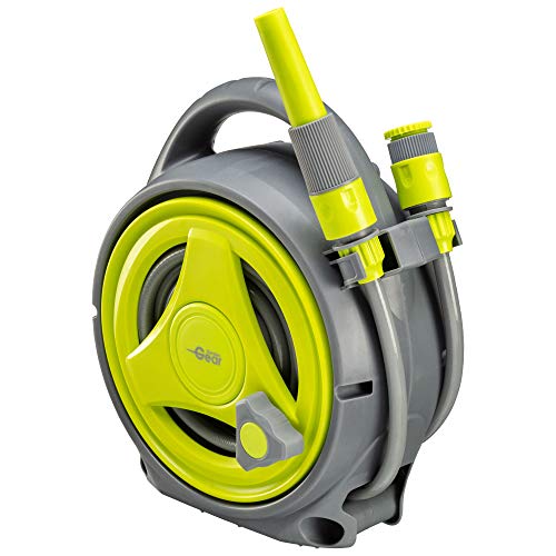 Garden Gear Carrete de Manguera de Rebobinado Manual de 10 + 1,5 Metros, Manguera Exterior Portátil con Boquillas de Pulverización Ajustables