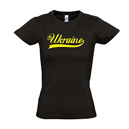 Damen T-Shirt – Ukraine Oldschool Ukraine LÄNDERSHIRT EM / WM FAN Trikot S-XXL , Deep black – gelb , XXL