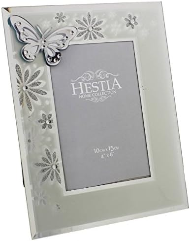 Hestia Mirrored Glass Grey 4" x 6" Photo Frame with Butterfly &amp; glitter flowers