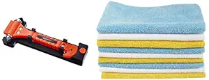 AmazonBasics Emergency Seat Belt Cutter and Window Hammer and AmazonBasics Microfiber Cleaning Cloth - 222 GSM (Pack of 12)