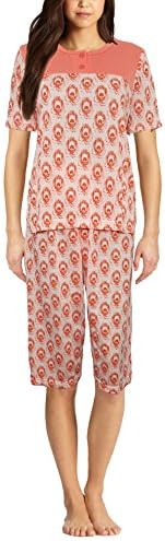 Inspirations Lucky Women's Floral Print 3/4 Bottoms Pyjama Set With Lilac Eye Mask (S) Pink