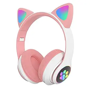 WK LIFE BORN TO LIVE K8 Kids Headphones with Mic for Birthday Gift Girls/Boys Cat Ear Bluetooth, Foldable LED Light Up Headphones Over On Ear for Online Learning School (Pink)