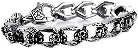 COPAUL Punk Men's Stainless Steel Pirate Skull Bracelet,Silver Black