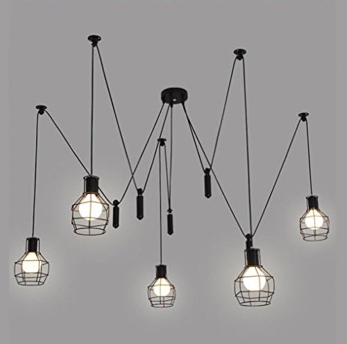 Ceiling Light Chandelier Iron Spider Cage Retro 5 Heads Metal Industry Pulley Lift Length 2M Adjustable Studio Restaurant Kitchen Bar Exhibition Hall Lighting Pendant , 5 head , 200cm
