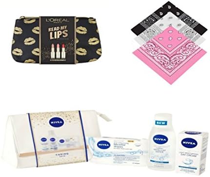 Ideal Xmas Gift Hamper set for Ladies Mum & Daughter Christmas Present (Women) 10 Pieces gift set Incl Ladies Designer White Nivea Wash bag,L'oreal Lipsticks & bag,Buckingham Bandanas