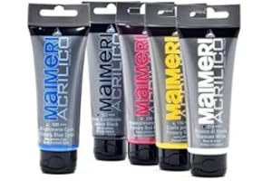 Maimeri Acrilico Set 5 Tubi da 200ml. Colori PRIMARI:Bianco, Nero, Blu Ciano, Rosso Magenta, Giallo PRIMARIO