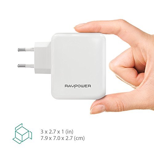 RAVPower Cargador de Pared con 4 Puertos 40W  USB iSmart 2 0  Conector Retr  ctil  Entrada 100-240V  Salida DC 5V   8A M  x  en Total y DC 5V   2 4A m  x  por puerto  - Blanco