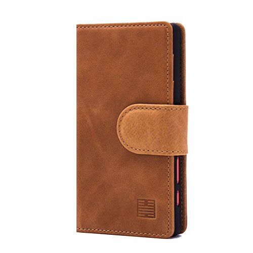 32ndPremium Series - Real Premium Leather Book Wallet Case Cover For Sony Xperia Z5 Compact, Real Leather Flip Design With Card Slot, Magnetic Closure and Built In Stand - Tan