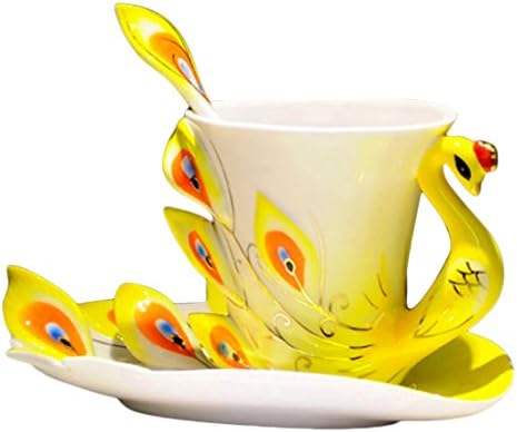 Porcelain Mugs Creative Gift, Teckpeak Hand Crafted Porcelain Enamel Delicate Peacock Tea Coffee Cup Set with Saucer and Spoon - Yellow