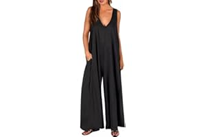 AOWVUTS Combinaison Femme Casual Jambe Large Jumpsuit sans Manches Col en V Salopette Ample Décontractée Playsuit avec Poches Grande D'été Overalls Rompers Larges Bretelles Combishort Pantalon