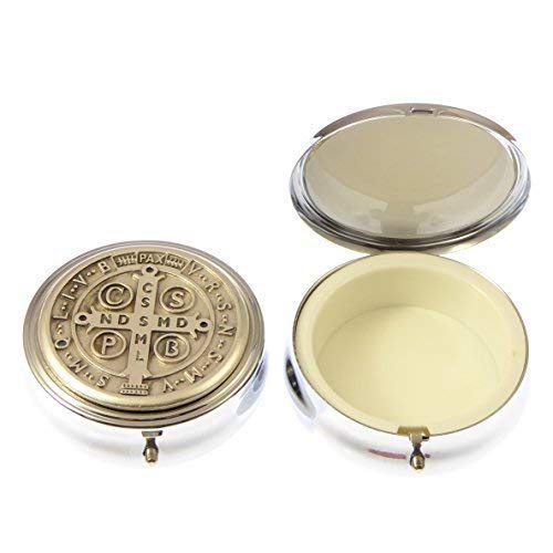 Scatolina in metallo argento San. Benedetto per Ostia comunione 6cm