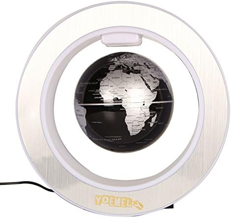YOEMELY Floaty Globe with LED Circular Frame, 4” Magnetic Suspension Earth Planets, Manual Rotation Levitation with World Map and Round Shape Base (Black-Silver)