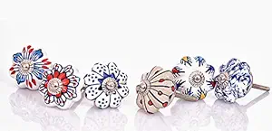 Drawer Knobs - Ceramic Blue Pottery Brass Fitting Pull Handle for Cabinets and Dressers Antique Furniture Hardware Accessories - Pack of 6