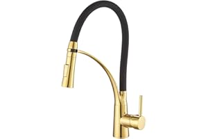 Heable Pull Down Kitchen Sink Mixer Tap with Dual Function Sprayer, Single Lever Swivel Spout Kitchen Taps with Black Silicone Hose, Available Gold Finish Solid Brass