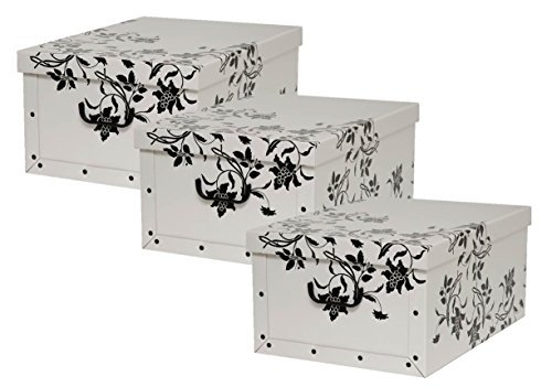 3 Stück Deko Karton der Serie "Barock Blumen" in Weiß mit schwarzer Blumenranke ! XXL Volumen, tolle Optik und super Stabilität! Jede Box mit den Maßen 51 x 37 x 24 cm - Topp für Haushalt, Büro, Wäsche, Geschenkbox, u.v.m.