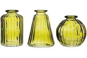 Sass & Belle Olive Green Glass Bud Vases - Set of 3 - Small Glass Vases for Flowers, Vintage Table Decor for Home, Elegant Flower Vase Set, Mini Table Decorations