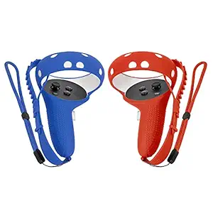 Tomsin?Touch?Controller?Grip?Cover?for?Oculus?Quest?2, Anti-Throw?Handle Silicone?Sleeve Oculus?Quest?2?Accessories?with?Adjustable?Wrist?Knuckle?Strap?(Left?Blue?and?Right?Red)