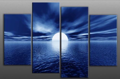 Large Blue Modern Seascape Canvas artwork Unique design 4 pieces multi panel split canvas completely ready to hang hanging cord attached, hanging template included for easy hanging, hand made printed to order UK company 40” width 28” height