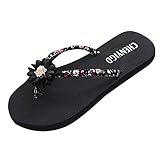 ✨ Paket: 1 Paar Damenschuhe YSFWL Frauen Hausschuhe Sommer Skid Flip Flops Blumen Sandalen Damenmode Tuch Bogen Flache Ferse Runde Zehe Sandalen Slipper Strandschuhe (36 EU, Schwarz)