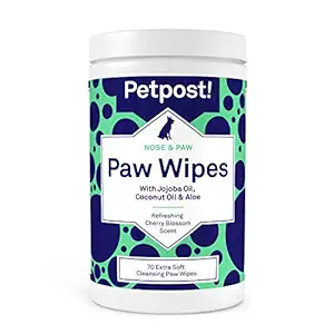 Petpost Paw Wipes for Dogs - Nourishing, Revitalizing Dog Cleaner with Coconut Oil, Jojoba and Aloe 70 Ultra Soft Cotton Pads (Cherry Blossom)