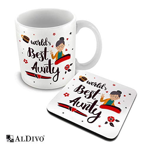 ALDIVO World Best Aunty Printed Ceramic Coffee Mug 330 ml + Coaster Combo Pack