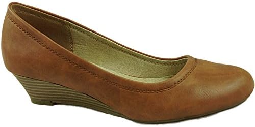 Ladies Coconel Faux Leather Low Wedge Casual Office Work Court Shoes Size 3-8 (UK 5, Tan )