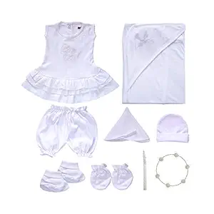 SkinCo Baptism Set for Girls with Shirt, Short, Hat, Mittens, Booties, Wash Cloth, Candle, Crown and Baptism Towel