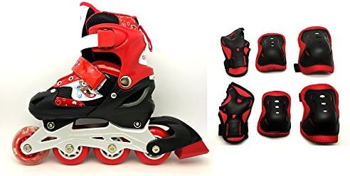 Children's Adjustable Inline Skates / Inliners with Complete Protection Set - Red - Size M - Adult's Size 2.5-5 (EU 35-38)