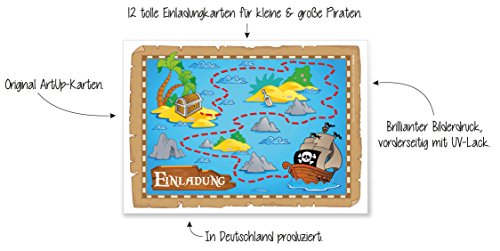 12 Einladungskarten zum Kindergeburtstag „Piratenparty“ Geburtstagseinladungen Jungen Mädchen Kinder Einladungen Schatzkarte Schatzinsel Schatzsuche Piratenschiff Pirat Geburtstag Abenteuer Karten Set - 3