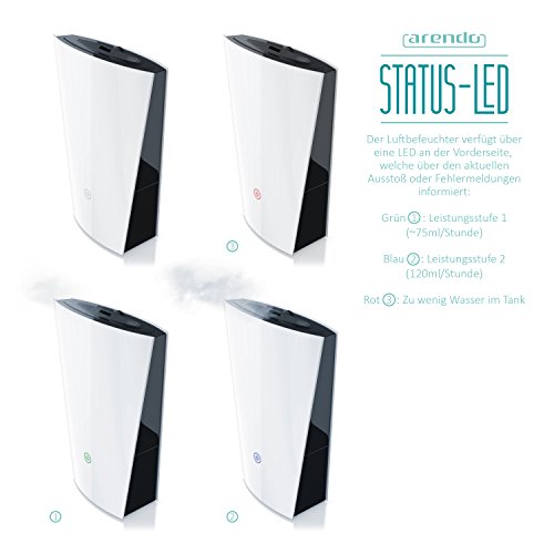 Arendo – Design Luftbefeuchter Ultraschall Technologie | Raumbefeuchter / Luftreiniger | 1300ml Wasserbehälter | geräuscharmer/leiser Betrieb | energieeffizient | automatische Abschaltung - 4