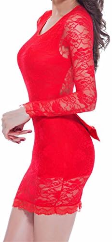 Yall Underwear Lace Long Sleeves Package Hip Nightclub Queen Suite, Red, M