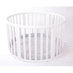 MJmark - Très grand parc bébé en bois rond - avec tapis de jeu gris à pois blanc - modèle «Apollo»