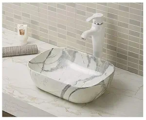 Ceramic Tap and Tile Metallic Printed Countertop, Tabletop Bathroom Sink (White, Medium)