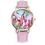 Souarts Damen Armbanduhr Einfach Stil weiß Zifferblatt mit Flamingos Muster Analoge Quarz Uhr Rosa