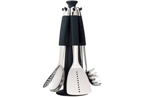 Joseph Joseph Elevate Lot de 6 Ustensiles de cuisine en Nylon, Antiadhésif et Résistant à la chaleur jusqu'à 200 ℃ avec Porte-Ustensiles Rotatif, Inox/Noir