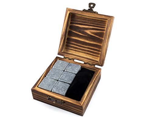 Whisky Steine von Rusty Wood, 6 wiederverwendbare Eiswürfel aus Stein mit hygienischem Samtsäckchen, mit rustikalem Holzkästchen perfekt als Geschenk – reusable Whiskey Rocks - 2