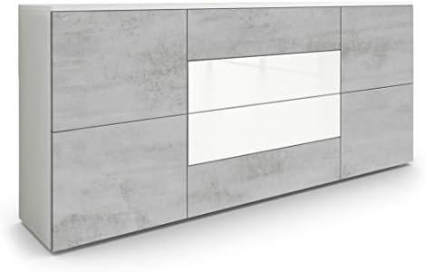 Vladon Rova Sideboard, Cabinet with 4 Doors and 4 drawers, White matt/Concrete Grey Oxide/White High Gloss (166 x 72 x 35 cm)