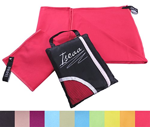 Set de 2 Toallas de Microfibra antibacteriana Secado rapido Ultra Absorbente Ideal para Sport Viajes Yoga Piscina Pilates Fitness Deportes Camping Playa + Bolsa de Viaje 30x50cm Rosado