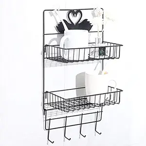 HOME CUBE 2 Layer Multipurpose Kitchen Bathroom Shelf Wall Holder Storage Rack Bathroom Rack Refrigerator Broadside Storage Box Strong Magic Sticker Shower Rack Shelf with 4 Hook- Black Color