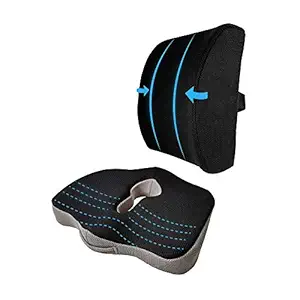 GoMechanic Combo of Polyurethane Coccyx Tailbone Pain Relief Pillow and Lumbar Seat Cushion Memory Foam for Chair, Wheel Chair and Car (Black)