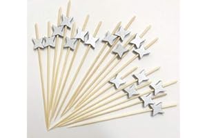 AILEXI Cocktail-Sticks 100 Zählungen Zahnstocher Aus Holz Partyzubehör RÜSchen Fingerfood Obst Sandwich Knabbereien - Vierzackige Sterne Silber