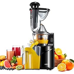 Extracteur de Jus, Aicok Slow Juicer Presse à Froid de Fruits et Légumes avec 75 MM de Large Bouche, Moteur Silencieux, Nettoyage à un Bouton Fonction, Compact, Sans BPA, Tasse à Jus/Brosse