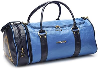FunkyTravelbags NEW Ladies Mens Navy &amp; Gold Head Retro Monte Carlo Leather Look Sports Gym Travel Holdall