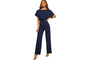 Haibang Jumpsuit Damen Sommer Elegant O-Ausschnitt Overall Lang Romper Lässig Kurzarm Einteiler Hosenanzug Festlich Playsuit Mit Gürtel Weites Bein Hose