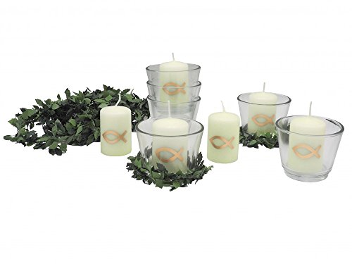 SET: 6x Votivglas 6x Kerzen Fisch Gold mit Kerzenring Kommunion Konfirmation Tischdeko