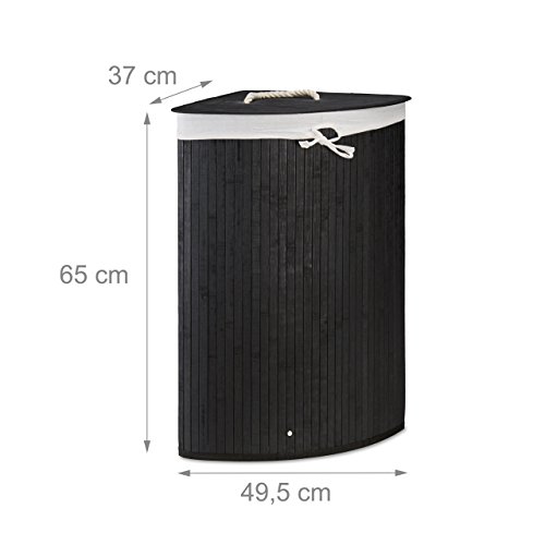 2 x Eckwäschekorb im Set, Wäschetrennsystem aus Bambus, Wäschesammler mit herausnehmbarem Wäschesack, je 64 L, schwarz - 3
