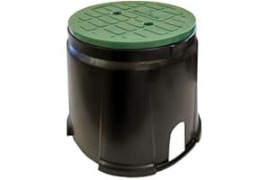 RIEGOPRO SU TIENDA DE RIEGO RIEGOPRO Arqueta de Riego Circular Mediana para Enterrar con 2 Salidas. Ø Base 34,5cm - Ø Tapa 24cm - Altura 27cm. Tapa Roscada. Robusta y Resistente