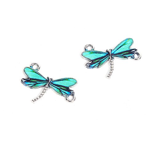 Julz Beads10 Dragonfly Charms Green Patterned Wings Silver Tone May Fly Insect 24mm J95551G